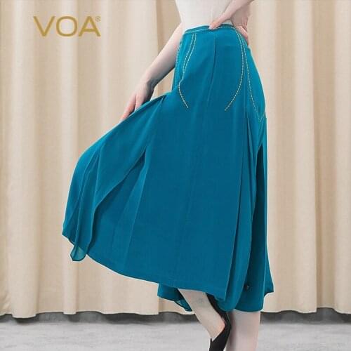VOA Silk 30m/m Indigo Blue Waist Yellow Line Decoration Oblique Pocket Lady Temperament Big Swing Skirt KE210 Wide Leg Pants