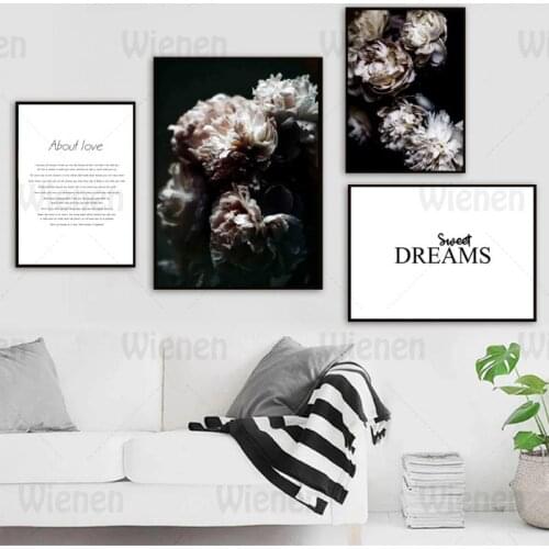 Nordic Dark Poster And Print Rose Flower Love Sweet Dream Quotes Wall Art Canvas Painting Home Decor For Living Room Dining Room