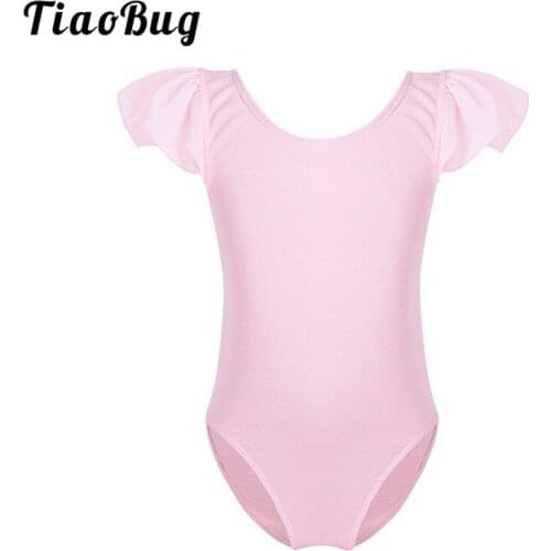 TiaoBug Kids Ruffle Sleeve Cotton Professional Ballet Gymnastics Leotard Girls Solid Color Sports Bodysuit Children Dance Wear