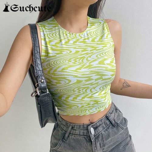 SUCHCUTE Summer Fashion Wave Print Tank Tops For Women y2k Aesthetic Casual Slim Outfits Crop Tops Female Sporty Tops Harajuku