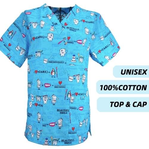 Women men scrubs uniforms tops caps nurse doctors workwear working clothes Anime Short Sleeved Beautician Dentist scrubs top cap