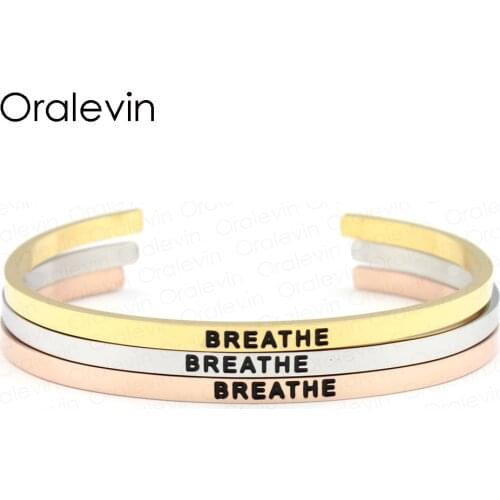 Gorgeous Stainless Steel BREATHE Engraved Positive Inspirational Quote Cuff Bracelets Bangle Jewelry (3 Colors available)#LB846