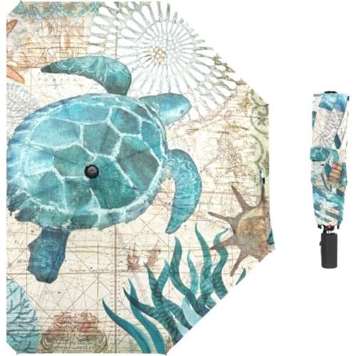 Vintage Turtle Starfish World Map Umbrellas Rain Women Three Folding Non Automatic Umbrella Octopus Hippocampus Umbrella for Kid