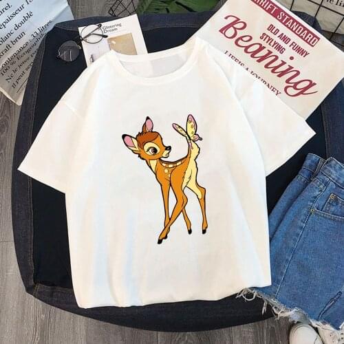 Summer Women T Shirt Short Sleeve Casual White O-neck Bambi Cartoon Tshirts Girls Ladies Harajuku T-shirts Tee Tops