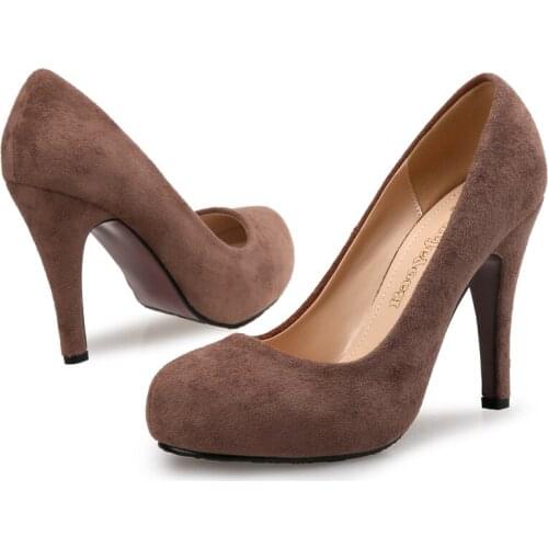 BaoYaFang Flock Ladies shoes High heels fashion Pumps women office shoes Red sole Thin heel Pumps Round Toe Wedding shoes