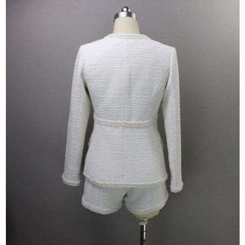 Autumn Winter Tweed Shorts Sets Women Long Sleeve Suit Jacket Blazer 2 piece Set Wool Runway Brand Woolen Pearl Beads Clothes