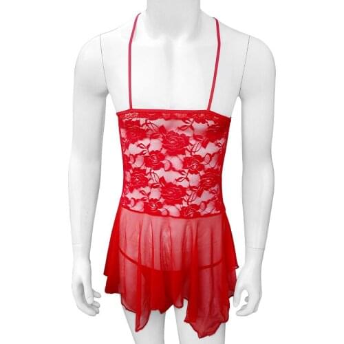 Floral Lace Sissy Mini Dress With Thong Panties Sexy Lingerie set See Through Mesh Adjustable Straps For Men mini dress