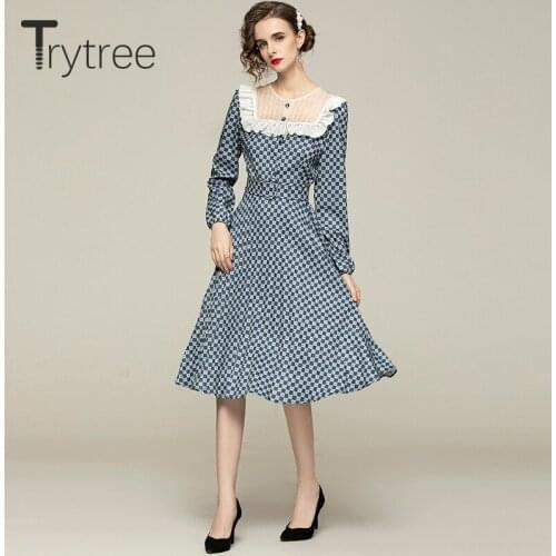 Trytree 2021 Spring Summer Womens Dress Casual Lace O-neck Patchwork Vintage Plaid Belt A-line Mid-Calf Silky Office Lady Dress
