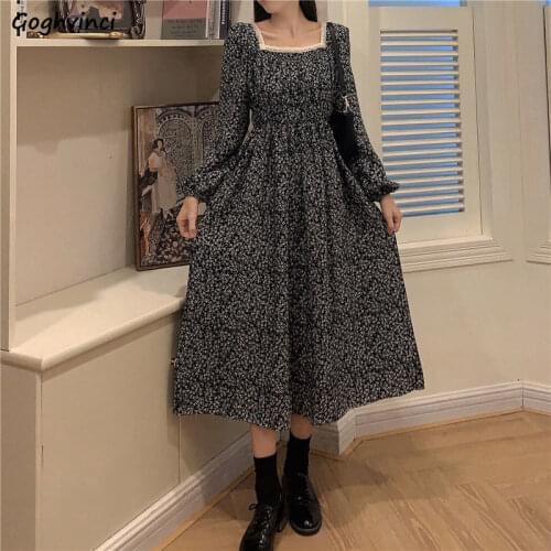 Long Sleeve Dress Women Retro A-line Square Collar High Waist Floral Printed Elegant Temperament Large Size Lady Vintage Femme