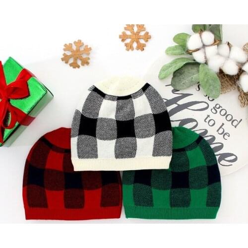 US Winter Warm Baby Kids Boys Girls Childrens Thick Warm Plaid Knit Caps Crochet Beanie Hat Beret Cap Red Green White