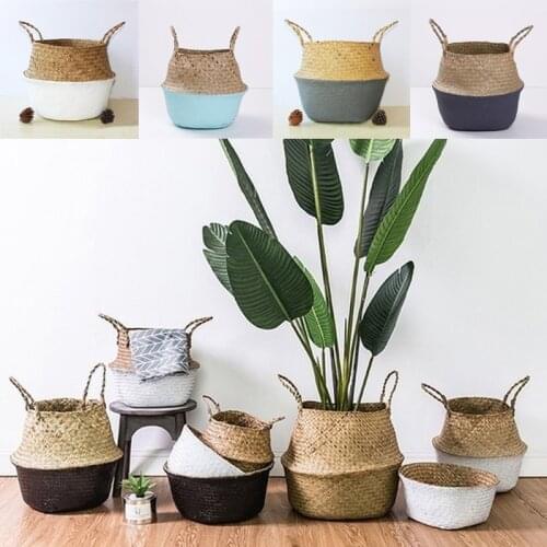 Handmade Bamboo Storage Baskets Foldable Laundry Straw Patchwork Wicker Rattan Seagrass Belly Garden Flower Pot Plant Basket