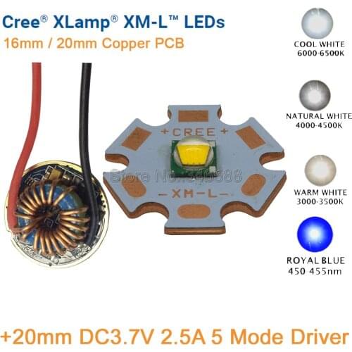 CREE XML XM-L T6 10W Cool White Neutral White Warm White High Power LED Emitter 20mm Copper PCB +20mm 12V Input 5 Modes Driver