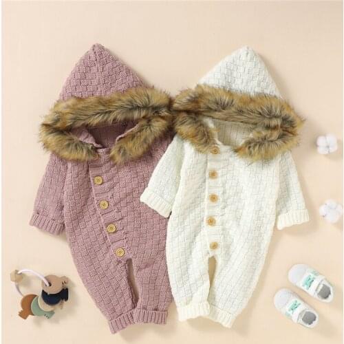Cute Baby Boys Girls Autumn Winter Warm Fleece Collar Hooded Jumpsuit Solid Color Long Sleeve Single Breasted Romper 3-24Months