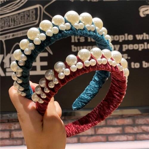 H:HYDE Fashion Women Hairband Pearl Headband Velvet Wide-brimmed Headwear Top Quality Turban Hair Accessories