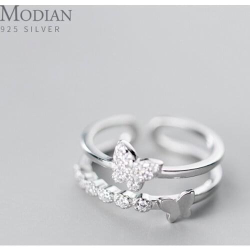 Modian Shiny Zircon Cute Butterfly Geometric Line Double Circle Sterling Silver 925 Ring for Women Free Size Ring Fine Jewelry