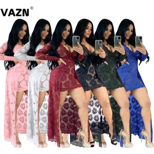 VAZN 2020 Top Quality Asymmetrical Lace See Through Solid Sexy Club Elegant Full Sleeve Women High Waist Thin Maxi Dress