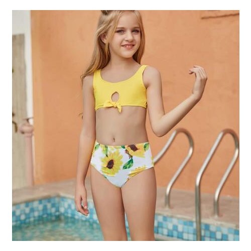Newest Arrival 2 Pcs Girls Bathing Suits Solid Color Round Neck Tie Up Bikini Top+Sunflower Print Swimming Bottoms Swimwear