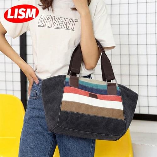 LISM 2019 New Stitching Canvas Handbags Large-capacity One-Shoulder Portable Messenger Bag Wild Fashion Stripes Bags