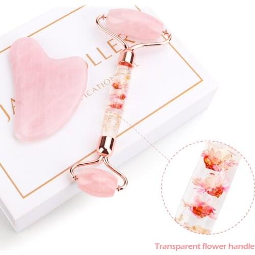 Natual Jade Roller Gua Sha Set Petal Resin Rod Roller Face Massager Rose Quartz/Aventurine/Xiuyu Jade Stone Guasha Set Face-lift