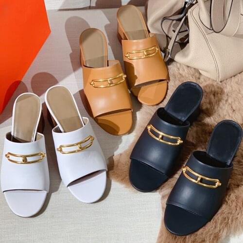 2021 Summer New 6cm Hoof Heels Slippers Mules Shoes Women High Quantity Genuine Leather Metal Decoration Elegant Work Shose