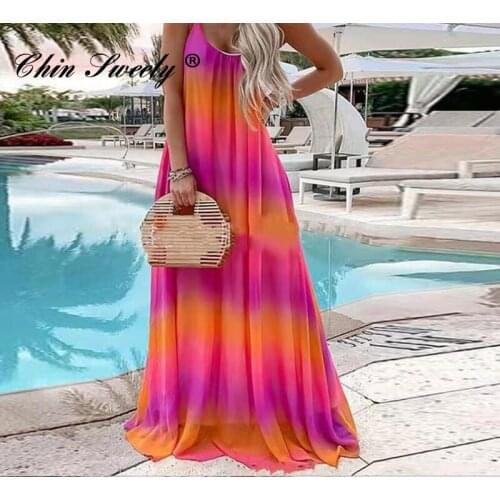 Printing Gradient O-neck Slip Dress Women A-Line Mid-waist Sleeveless Spaghetti Strap Female Dresses 2021 Summer Ladies Clothes