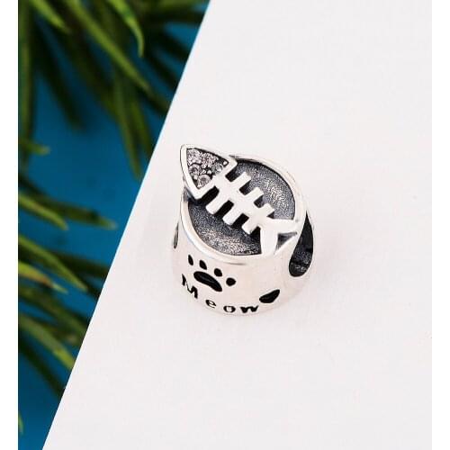 Fit Original Pandora Charm Bracelet 925 Sterling Silver Meow The Cat Paw Fish Bone Bowl Bead For Making Women Berloque 2021