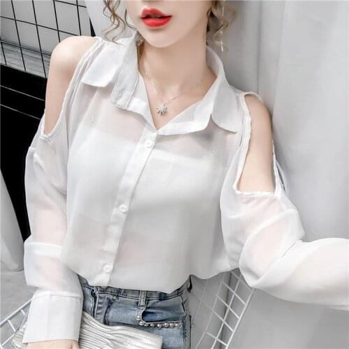 Hong Kong-style retro design niche long-sleeved off-shoulder loose versatile mid-length shirt 2021 fashion new womens casual