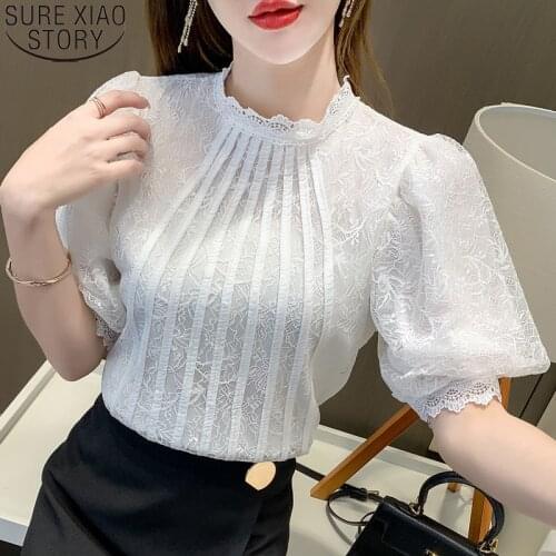 Patchwork Shirt Summer Elegant White Lace Blouse Puff Sleeve Hook Flower Hollow Clothes O-neck Women Tops Plus Size Blusas 14111