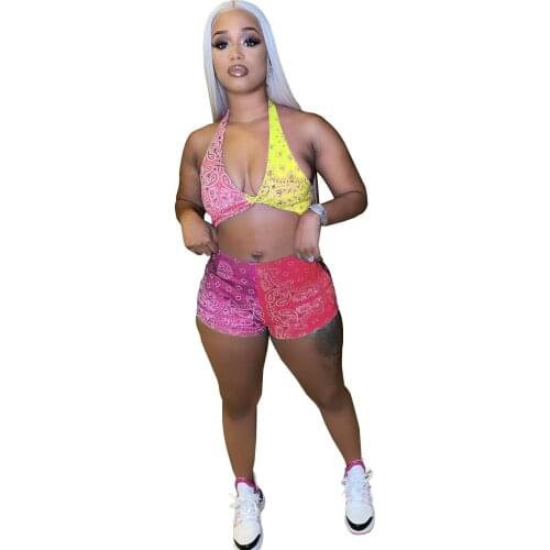 Vintage Colorful Print Two Piece Set Summer Sexy Halter Deep V Neck Crop Top + Shorts Bodycon Beach Tracksuit Women Outfits