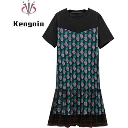 Womens Summer Sundresses 2021 New Plus Size 4XL T-Shirts Dress Lady Vestidos Cotton Patchwork Mesh Print Female Robe KE1511