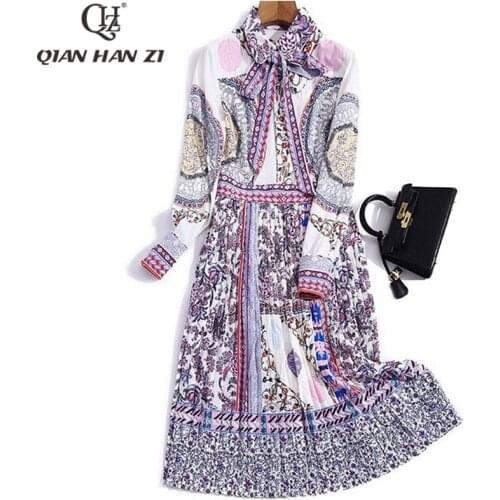 Qian Han Zi Spring/autumn Designer Fashion Long Sleeve Dress Lapel vintage Bow Pattern printing Slim elegant pleated midi dress