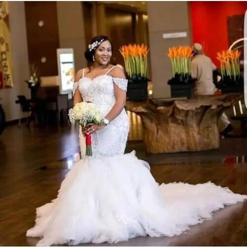 Plus Size Mermaid Wedding Dress Ruffles Skirt Spaghetti Bridal Gown Noiva Crystal Beaded Custom Made Tiered African Bride