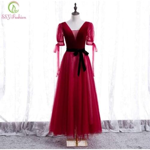 SSYFashion Wine Red Tea-length Evening Dress V-neck Puff Sleeve Velour with Tulle Party Formal Gowns for Women Vestido De Noche