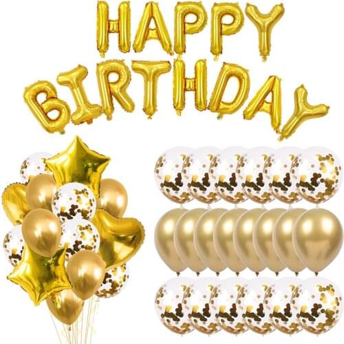 Gold Letters Happy Birthday Foil Balloons Chrome Metallic Balloons Confetti Star Baloon for Birthday Party Decorations Kids