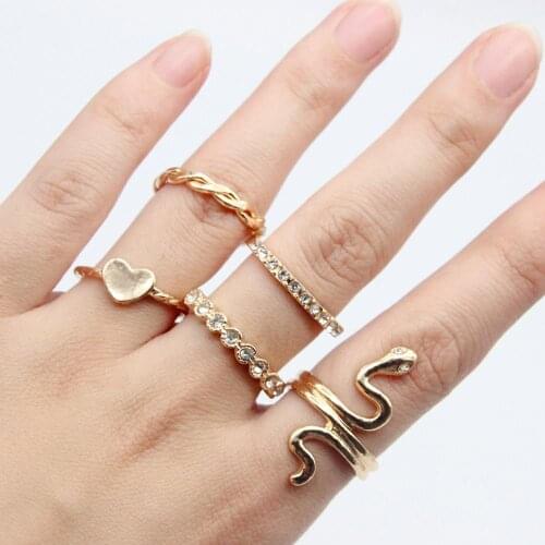 5pcs/sets Serpentine Rings Sets Bohemian Shiny Crystal Stone Geometric heart Jewelry Woemn Ring Wedding bijouterie