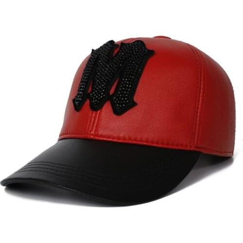American TOP Pearl Rivet Shiny Word Genuine Leather Baseball Caps Men Women Red Hipsters Hip Hop Cap Male Hockey Snapback Hats