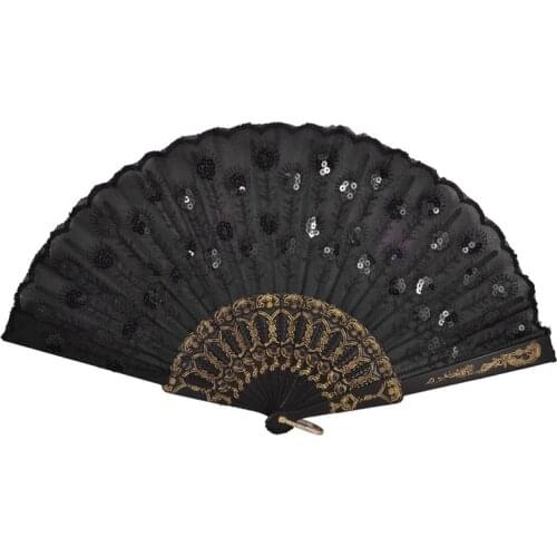Black Plastic Frame Embroidery Floral Detail Folding Hand Fan