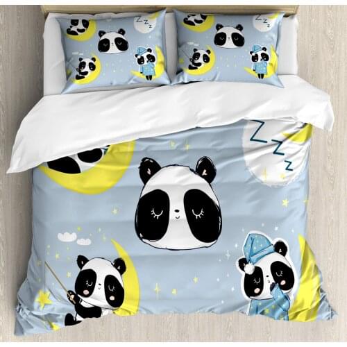 Panda Duvet Cover Set Animal Sleeping on The Moon 3 Piece Bedding Set Pale Purpleblue Charcoal Grey Pale Sky Blue Pastel Yellow