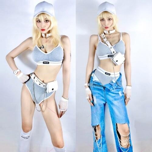 Nightclub Bar Dj Ds Stage Costume Gray Bikini Fashion Hole Jeans Hip-Hop Jazz Pole Dance Clothes Women Gogo Rave Outfit DNV15184