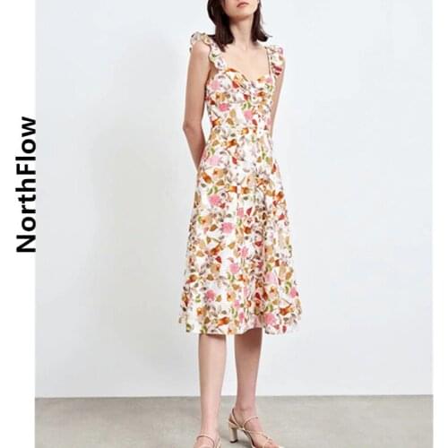 Northflow Women Dress Sleeveless Ruffles Print Floral Mid-Calf Square Collar De Fiesta Party Dress Vestidos Robe Femme