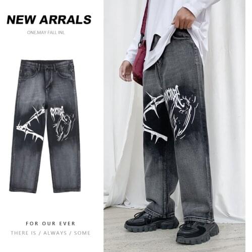New trendy brand all-match Hong Kong style graffiti gradient printing jeans teen jeans loose straight-leg casual pants