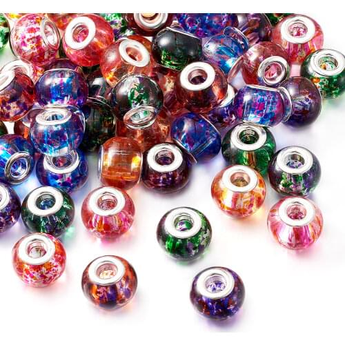 100PCS 15x12mm Spray Painted Glass European Beads with Silver Color Brass Cores Large Hole Beads, Mixed Color, Hole: 5mm