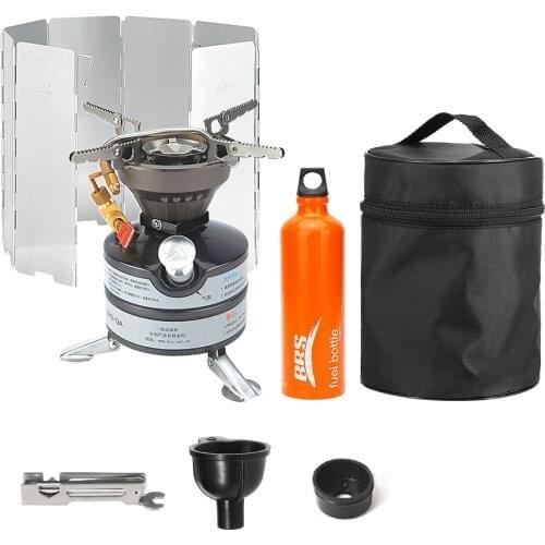 Portable One-piece Outdoor Gasoline Stove Camping Hiking Burner with 750ml Empty Gas Tank Fuel Bottle and 8-Plate Windshield