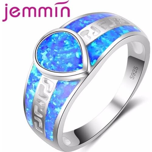Simple Wide Wedding Hollow Ring Water Drop Crystal Shape Blue Fire Opal Ring Brilliant Jewelry for Women Female