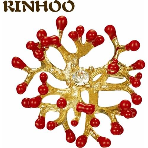 RINHOO Red Rhinestone Bud Flower Crystal Stamen Brooch for Women Gold Color Enamel Plant Brooch Clothes Jewelry Holiday Gift