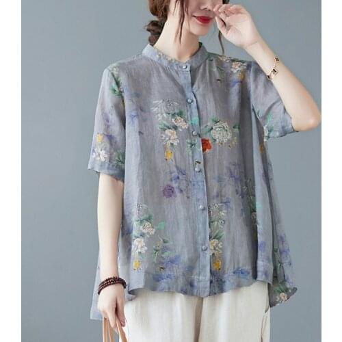 Oversized Women Cotton Linen Casual Shirts New 2021 Vintage Style Stand Collar Floral Print Loose Female Short Sleeve Tops B732