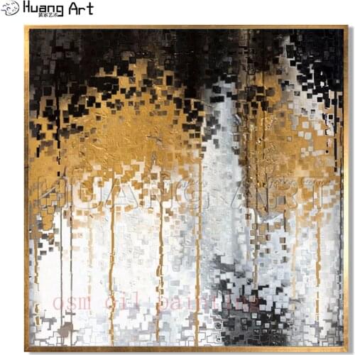 Hand Painted Modern Abstract Gold White and Black Color Plaid Abstract Oil Painting on Canvas Handmade Painting Wall Art Picture