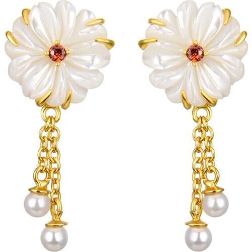 STERLING SILVER 925 NATURAL STONE DAISY FLOWER TASSEL PEARL DROP EARRINGS GOLD PLATED OORBELLEN FINE JEWELRY FOR WOMEN