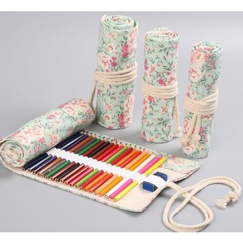 Retro Pink Flower Pencil Bag Wrap 36/48/72 Slot Canvas Roll Storage Pouch for Brush Marker Pens Stationery School Student E6756