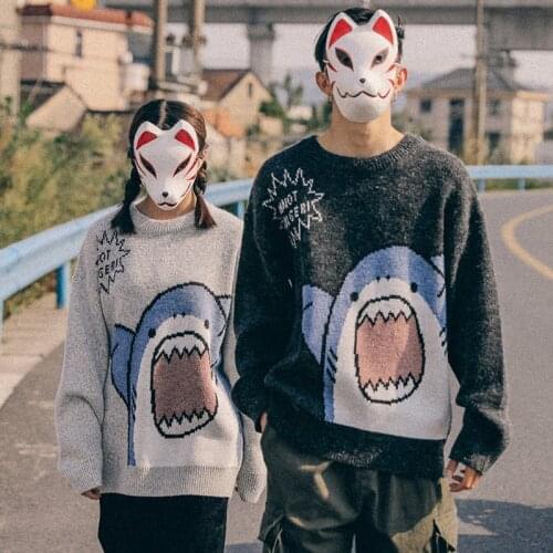 ZAZOMDE Couple Hip Hop Shark Sweater Cartoon Casual Loose Knit Pullover Autumn Winter Oversized Sweater Couple Unisex Pullover